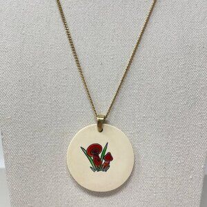 Vintage Mushroom Pendant Necklace Groovy 70s Long‎ Length Chain Gold-Tone